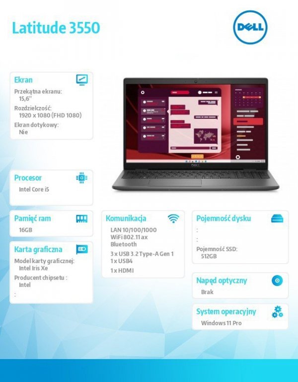 Dell Laptop Latitude 3550 Win11Pro i5-1345U/16GB/512GB SSD Gen4/15.6 FHD/Integrated/FgrPr/FHD/IR Cam/Mic/WLAN + BT/Backlit Kb/3 