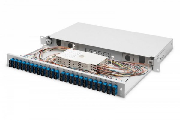 Digitus Przełącznica światłowodowa/panel krosowy z wyposażeniem 19 cali 1U, 24x SC duplex, OS2, pigtaile, adaptery, tacki, wysuw