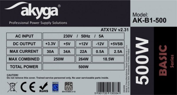 AKYGA Zasilacz ATX 500W AK-B1-500 P4 PCI-E 6+2 pin 3x SATA 2x Molex PPFC  FAN 12cm