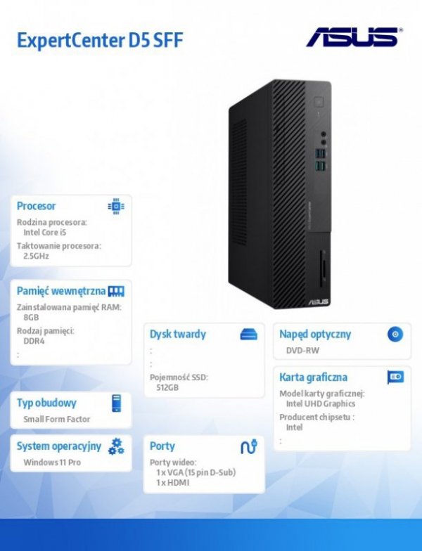 Asus Komputer ExpertCenter D5 D500SE-513500503X i5-13500 8GB/512GB/DVD-RW/ W11 PRO