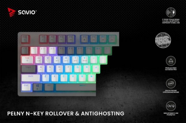 Savio Klawiatura mechaniczna bezprzewodowa PHENIX WHITE Gateron Red Pro, Pudding