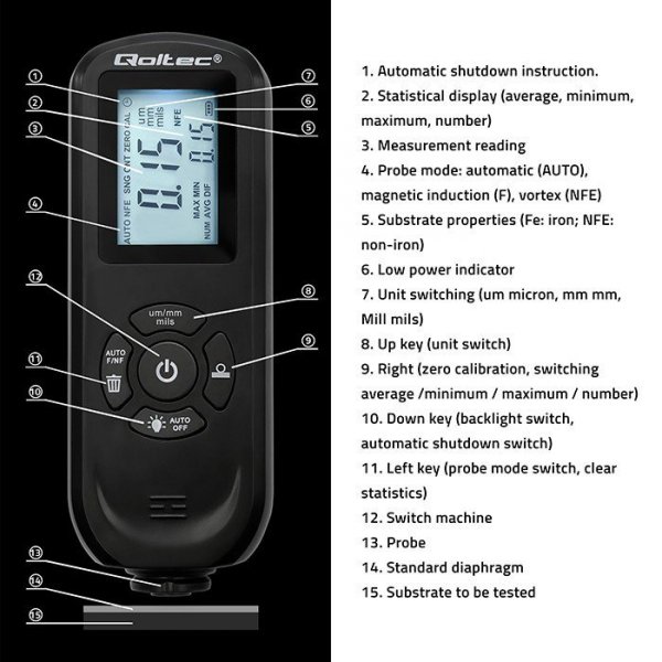 Qoltec Miernik grubości lakieru z podświetlanym bocznym wyświetlaczem LCD | 0 ~ 2000um