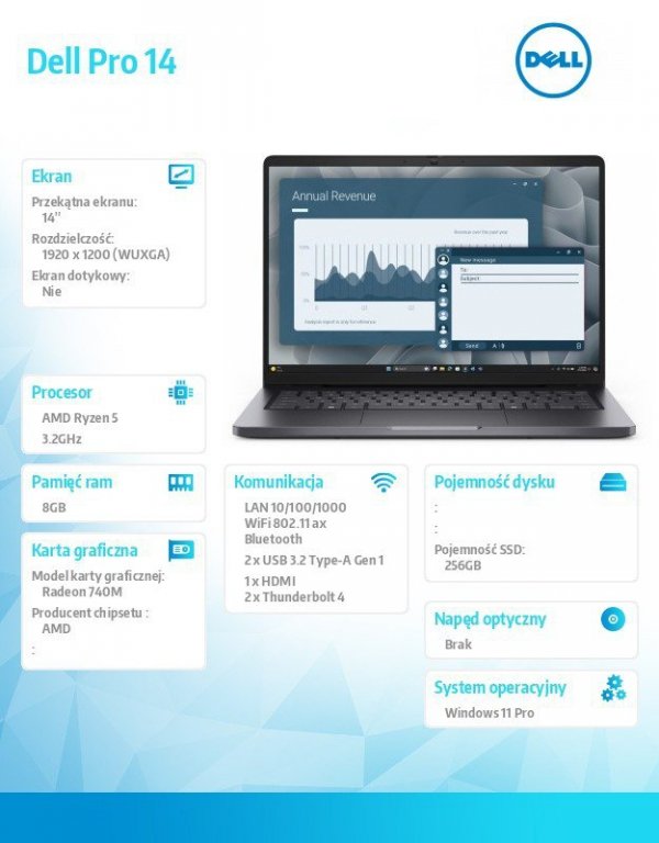 Dell Laptop Dell Pro 14 PC14255/AMD Ryzen 5 220/8GB/256GB/14.0 FHD+/AMD Radeon 740M/FgrPr/Cam&Mic/WLAN+BT/Backlit Kb/3 Cell/W11P