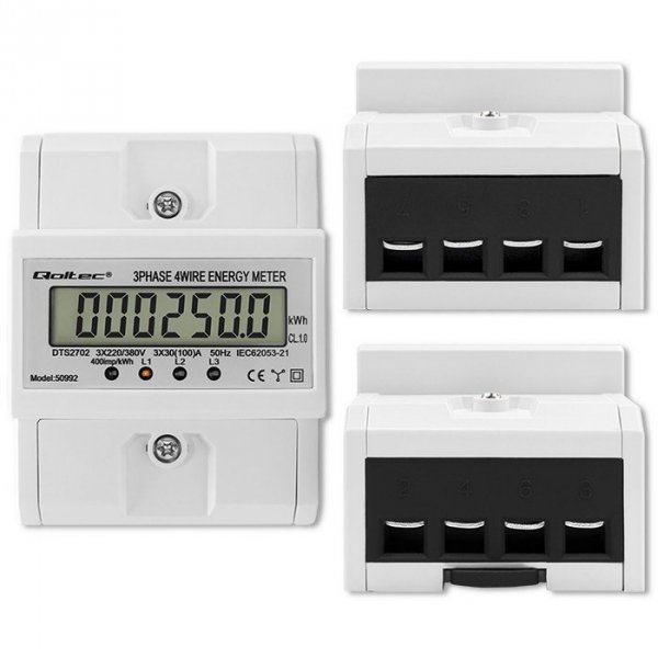 Qoltec Trójfazowy elektroniczny licznik | miernik zużycia energii na szynę DIN | 400V | 100A | LCD | 4P