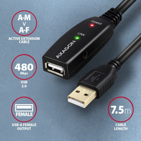AXAGON ADR-207 USB 2.0 A-M -&gt; A-F aktywny kabel przedłużacz/wzmacniacz 7.5m
