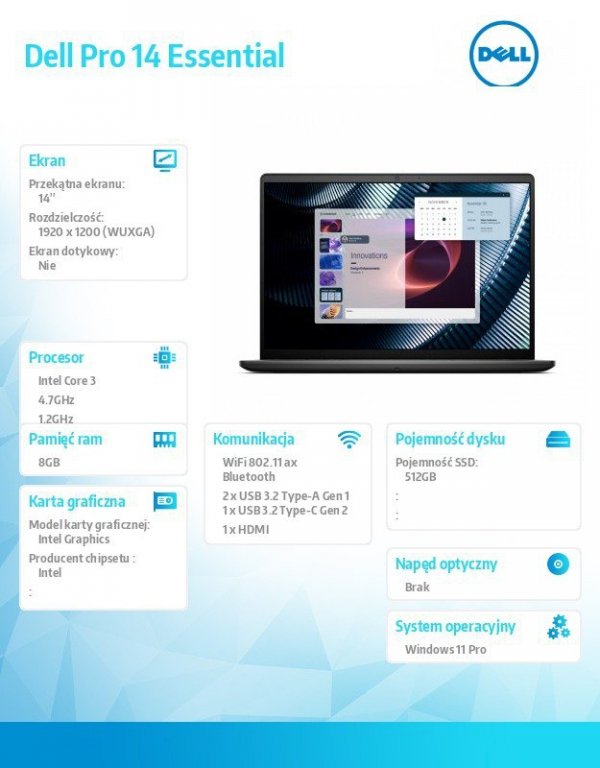 Dell Laptop Dell Pro 14 Essential PV14250 W11P C3-100U|8GB|512GB|Intel Graph|FgrPr|WLAN+BT|14.0 FHD+|BcklKb|3C|65W|3YPS Platinum