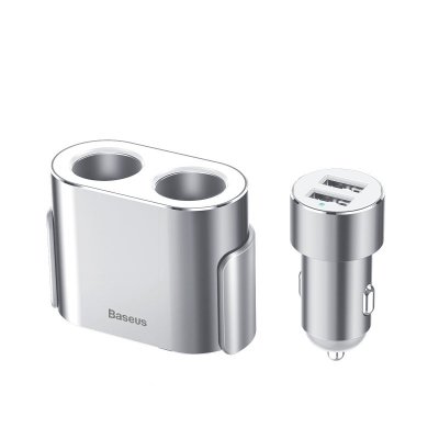 Rozdzielacz samochodowy 2x gniazdo zapalniczki 80W 2x USB-A 3.1A - srebrny