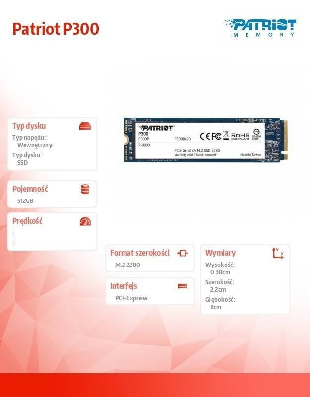 PATRIOT DYSK SSD P300 512GB M.2 PCIE GEN 3 X4 1700/1200