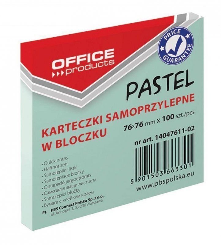 KARTECZKI SAMOPRZYLEPNE 76X76MM OFFICE PRODUCTS PASTELOWE ZIELONE 100KART
