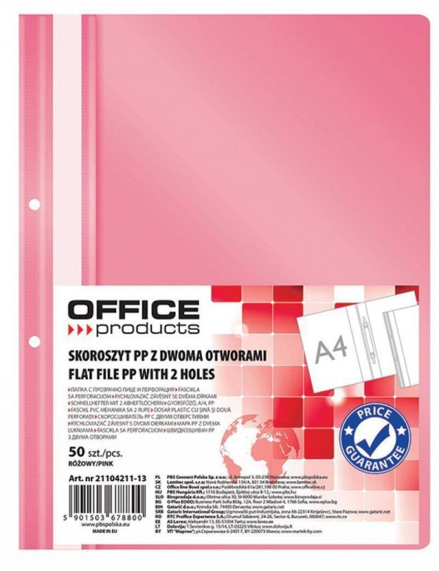 SKOROSZYT WPINANY A4 OFFICE PRODUCTS 2 OTWORY RÓŻOWY PP 100/170MIKR