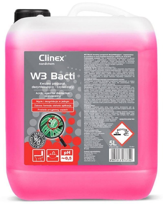PREPARAT DO MYCIA POWIERZCHNI, POMIESZCZEŃ I URZĄDZEŃ SANITARNYCH CLINEX W3 BACTI 5L
