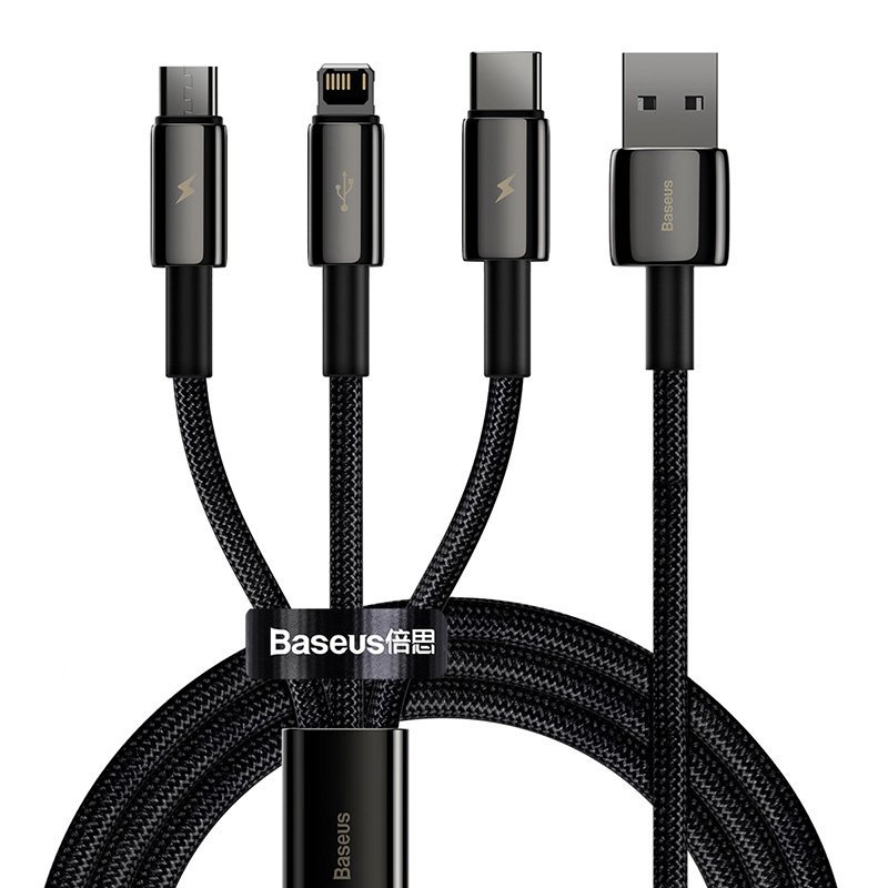 Kabel USB 3w1 Baseus Tungsten Gold, USB do micro USB / USB-C / Lightning, 3.5A, 1.5m (czarny)