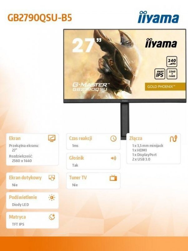 IIYAMA MONITOR 27 CALI GB2790QSU-B5 1MS,IPS,DP,HDMI,240HZ,F.SYNC,QHD,HDR400