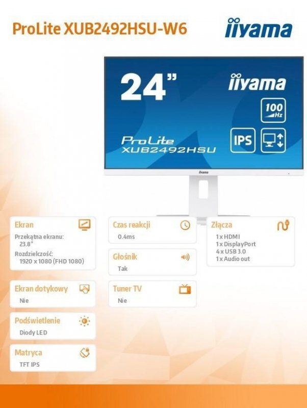 IIYAMA MONITOR 23.8 CALA XUB2492HSU-W6 IPS,HDMI,DP,100HZ,SLIM,HAS(150MM),4XUSB