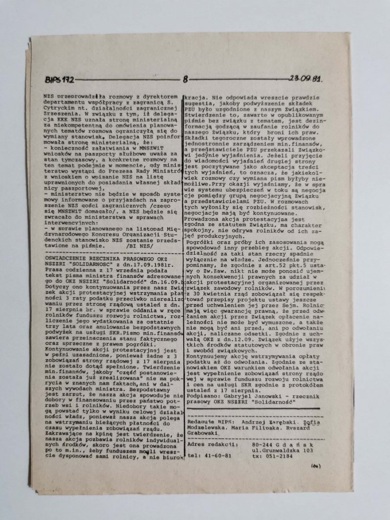 BIPS SERWIS INFORMACYJNY NR 172 23.09.81