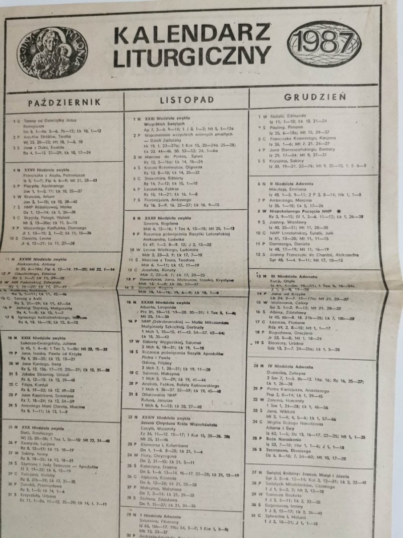 KALENDARZ LITURGICZNY 1987