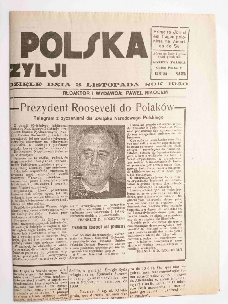 GAZETA POLSKA W BRAZYLJI NR 44 DNIA 3 LISTOPADA ROK 1940 