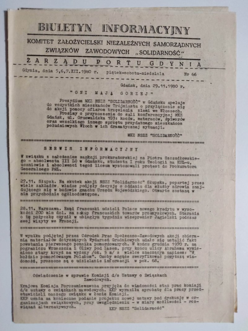 BIULETYN INFORMACYJNY ZARZĄDU PORTU GDYNIA NR 66 – 05,06,07.12.1980