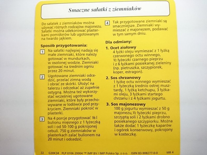 KARTA KULINARNA NR 34 SMACZNE SAŁATKI Z ZIEMNIAKÓW
