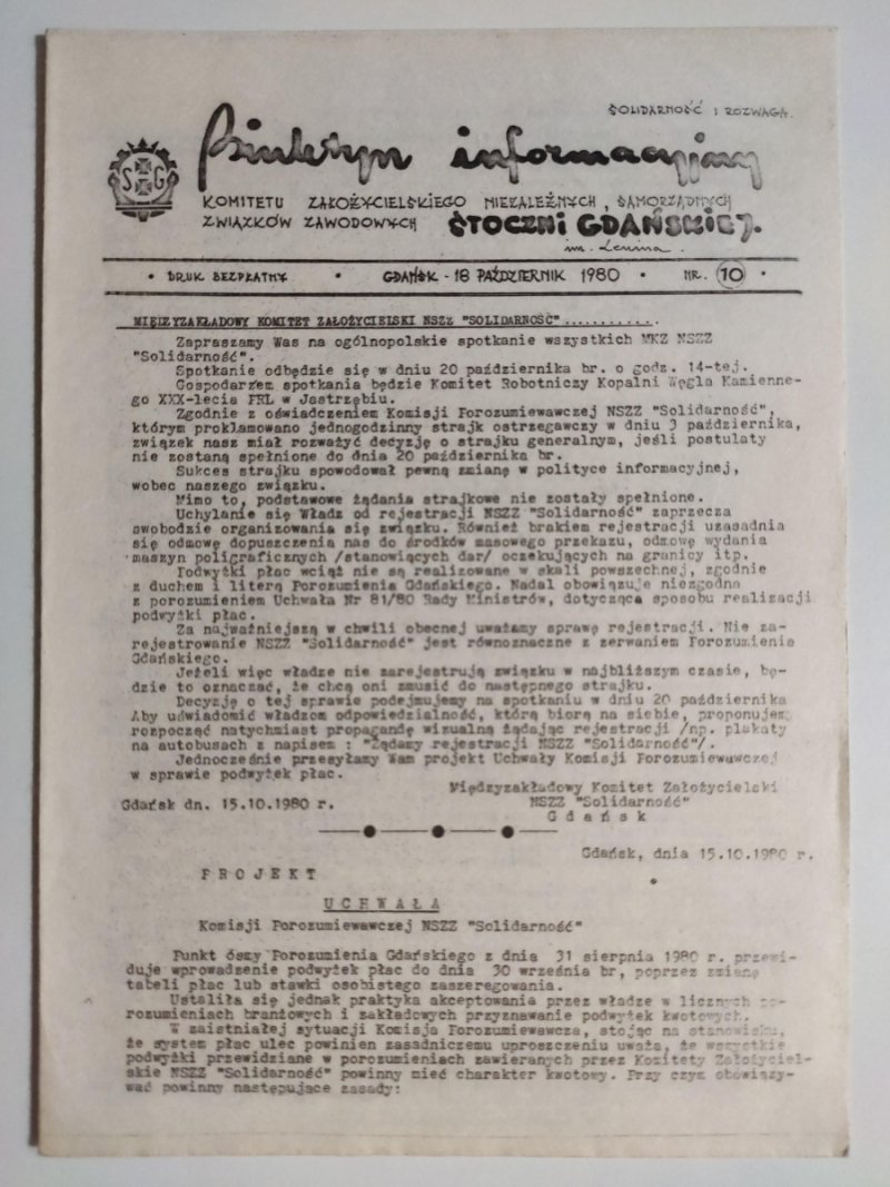 BIULETYN INFORMACYJNY STOCZNI GDAŃSKIEJ NR 10 – 18.10.1980