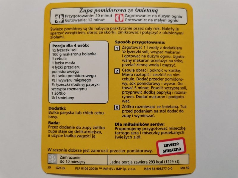 KARTA KULINARNA NR. 39 ZUPA POMIDOROWA ZE ŚMIETANĄ