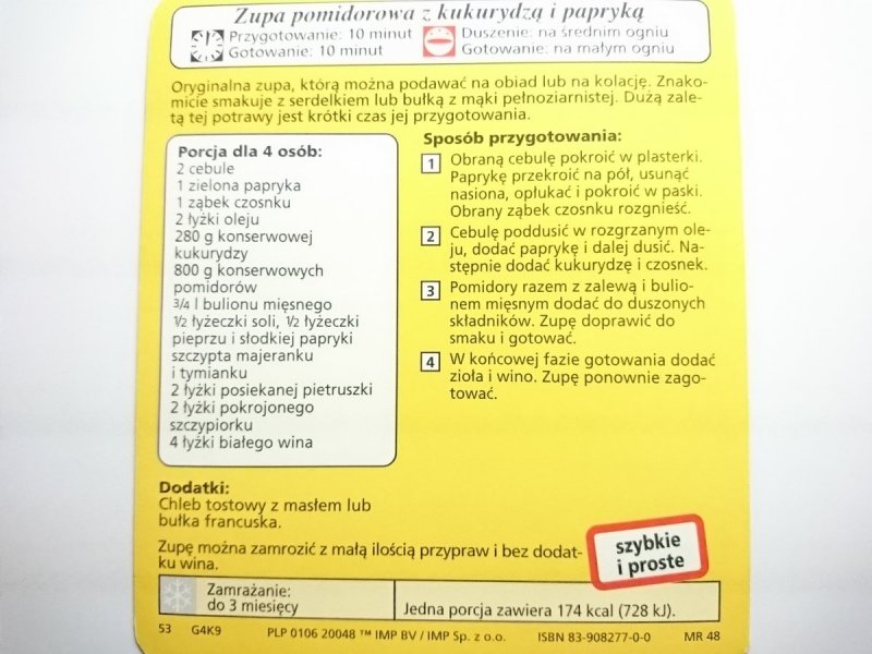 KARTA KULINARNA NR 9 ZUPA POMIDOROWA Z KUKURYDZĄ