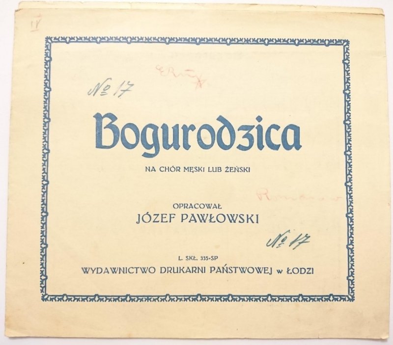 BOGURODZICA NA CHÓR MĘSKI LUB ŻEŃSKI - Józef Pawłowski 