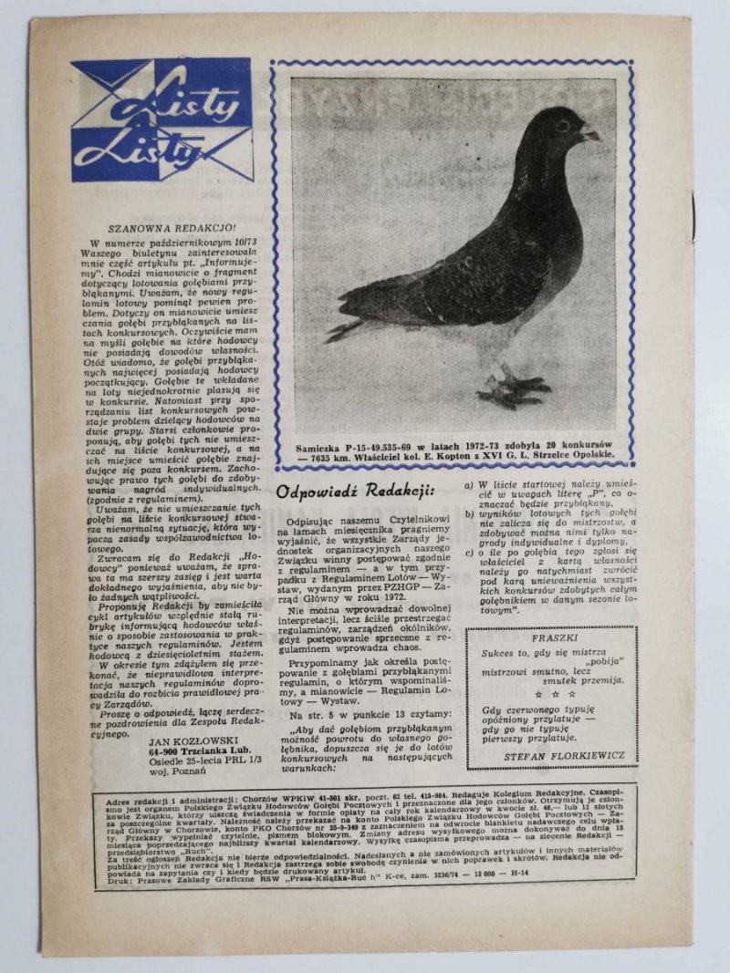 HODOWCA GOŁĘBI POCZTOWYCH NR 10  1974