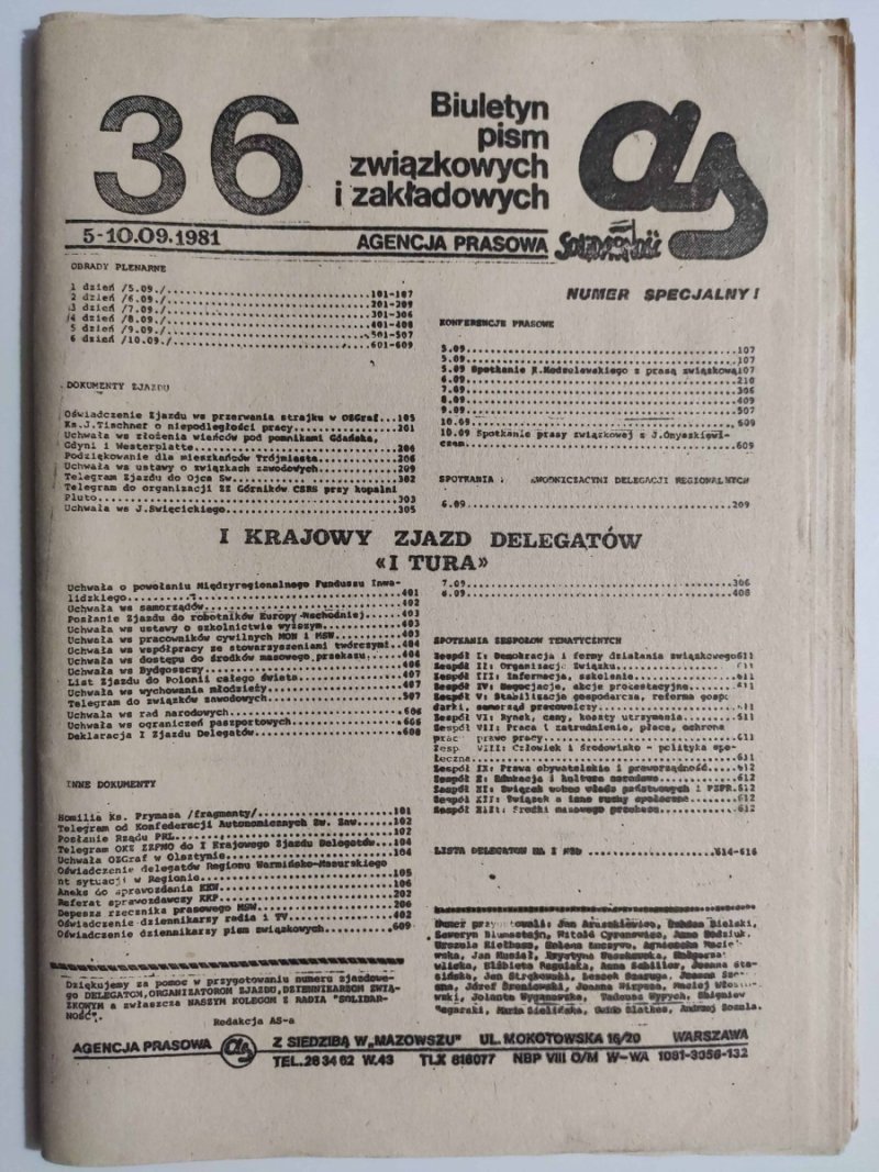BIULETYN PISM ZWIĄZKOWYCH I ZAKŁADOWYCH NR 36 – 05-10.09.1981
