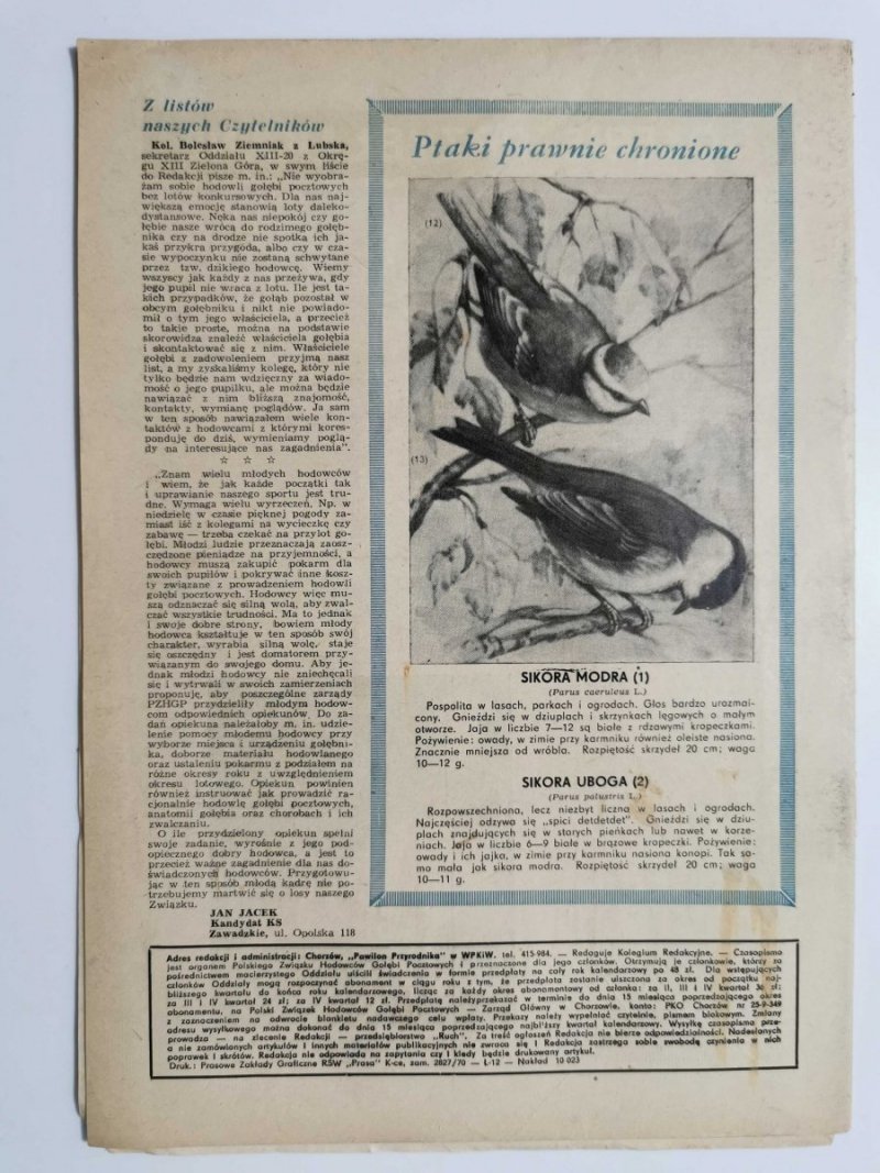 HODOWCA GOŁĘBI POCZTOWYCH NR 9  1970