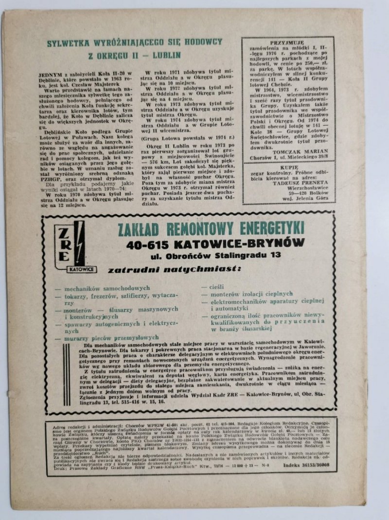 HODOWCA GOŁĘBI POCZTOWYCH NR 2 1976
