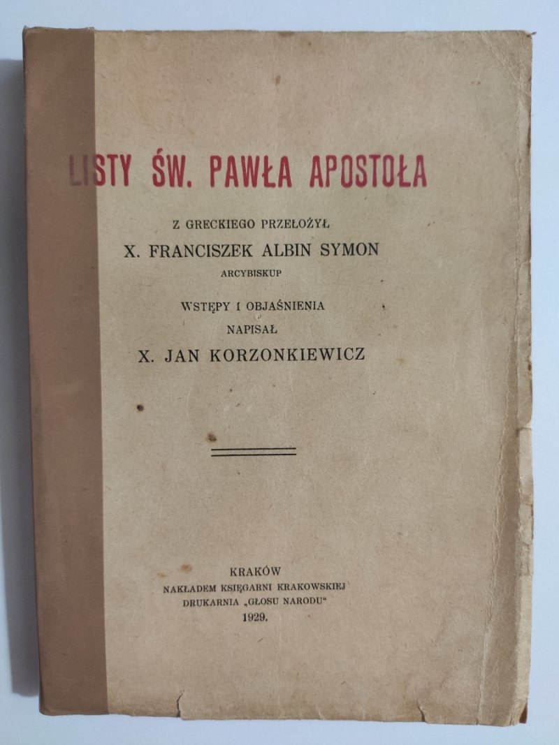 LISTY ŚW. PAWŁA APOSTOŁA 1929 - X. Jan Korzonkiewicz