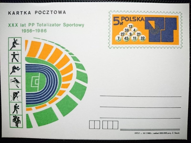 KARTKA POCZTOWA. XXX LAT PP TOTALIZATOR SPORTOWY 1956-1986