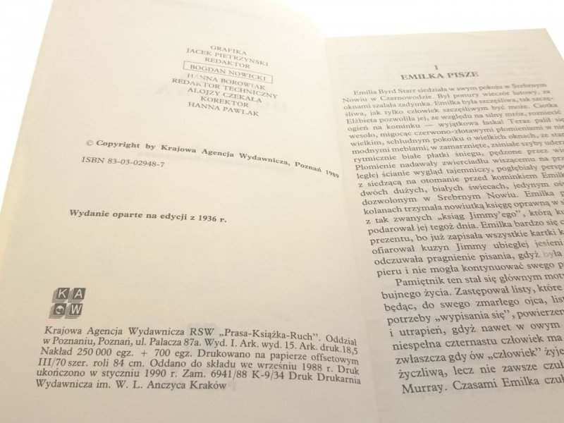 EMILKA DOJRZEWA - Lucy Maud Montgomery 1990
