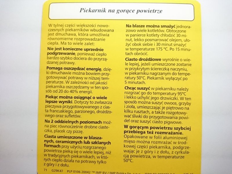 KARTA KULINARNA NR 47 PIEKARNIK NA GORĄCE POWIETRZ