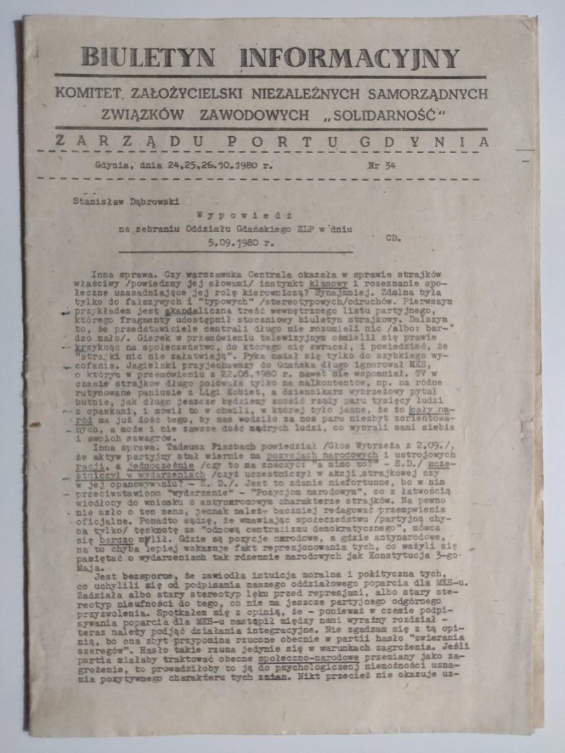 BIULETYN INFORMACYJNY ZARZĄDU PORTU GDYNIA NR 34 – 24,25,26.10.1980