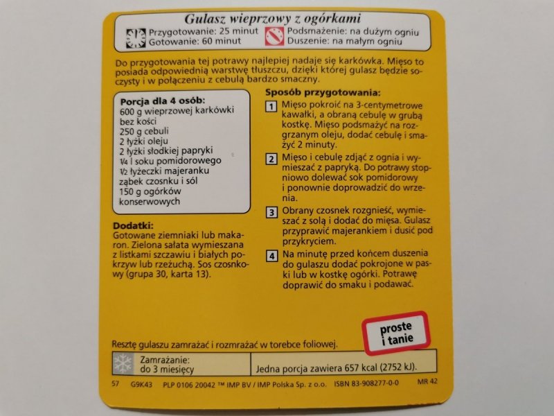 KARTA KULINARNA NR. 43 GULASZ WIEPRZOWY Z OGÓRKAMI