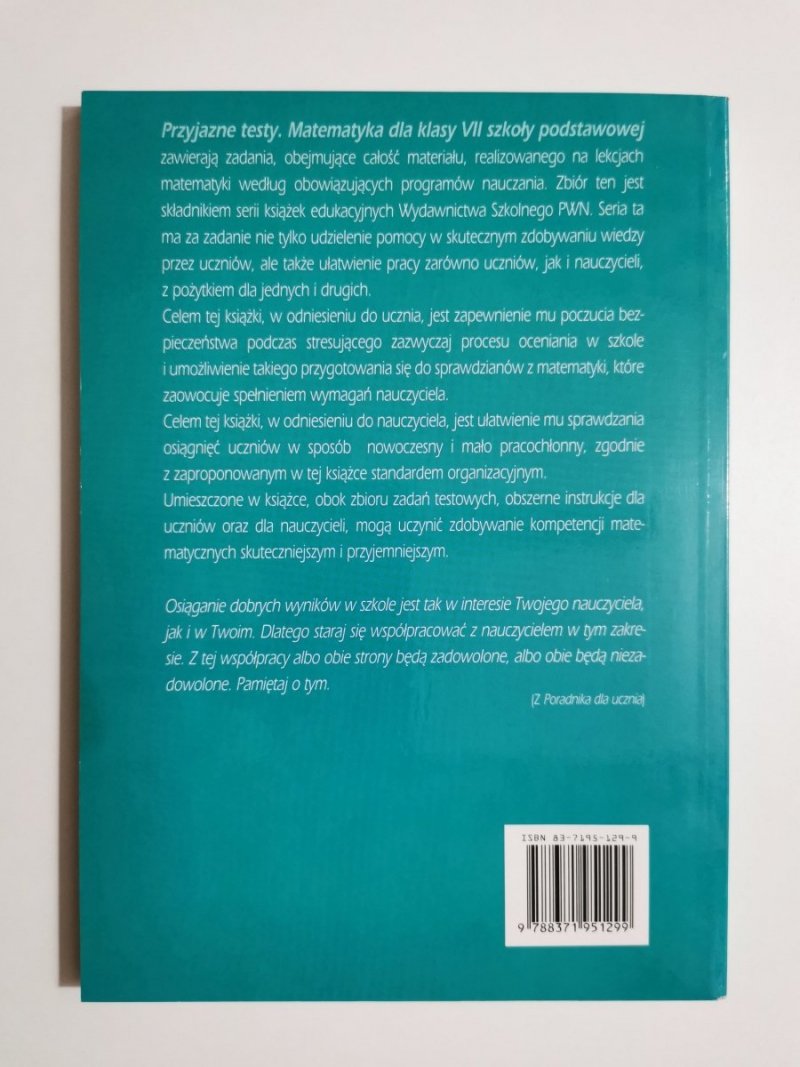 PRZYJAZNE TESTY MATEMATYKA 7 DLA KLASY VII - A. Kraszewska 
