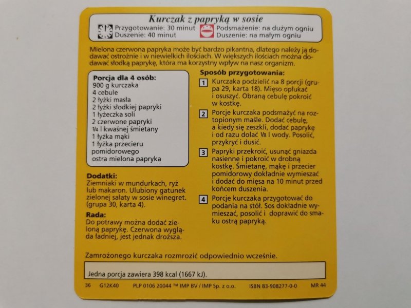 KARTA KULINARNA NR. 40 KURCZAK Z PAPRYKĄ W SOSIE