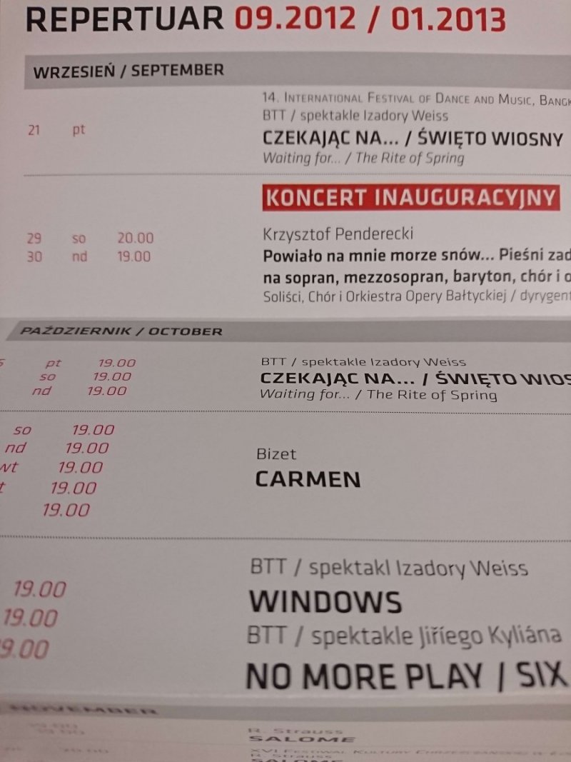 OPERA BAŁTYCKA W GDAŃSKU. REPERTUAR 09.2012 – 01.2013