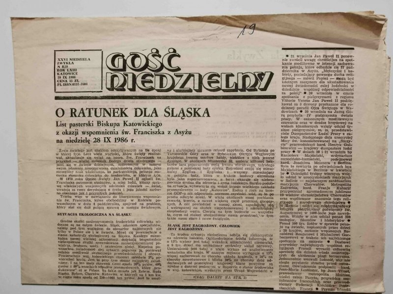 GOŚĆ NIEDZIELNY XXVI NIEDZIELA ZWYKŁA NR 39 ROK LXIII KATOWICE 28 IX 1986