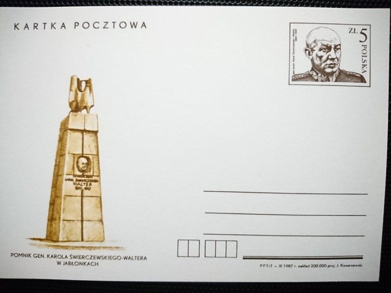KARTKA POCZTOWA. POMNIK GEN. KAROLA ŚWIERCZEWSKIEGO-WALTERA W JABŁONKACH