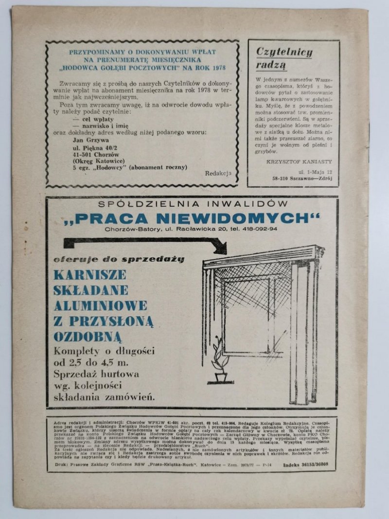 HODOWCA GOŁĘBI POCZTOWYCH NR 9  1977