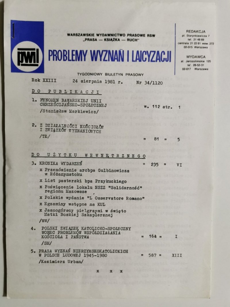 PROBLEMY WYZNAŃ I LAICYZACJI 24 SIERPNIA 1981r. Nr 34/1120