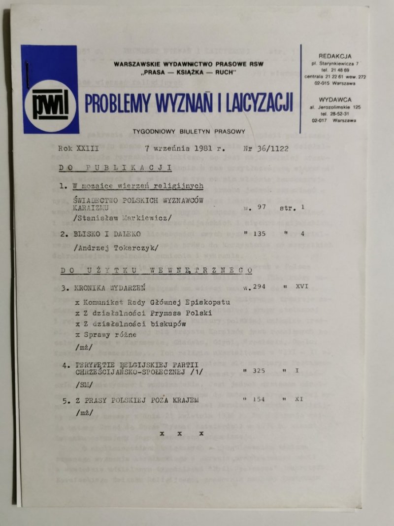 PROBLEMY WYZNAŃ I LAICYZACJI 7 WRZEŚNIA 1981r. Nr 36/1122