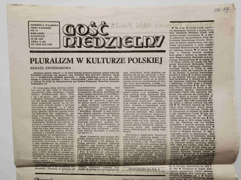 GOŚĆ NIEDZIELNY NIEDZIELA PALMOWA MĘKI PAŃSKIEJ NR 12 ROK LXIII KATOWICE 23 III 1986