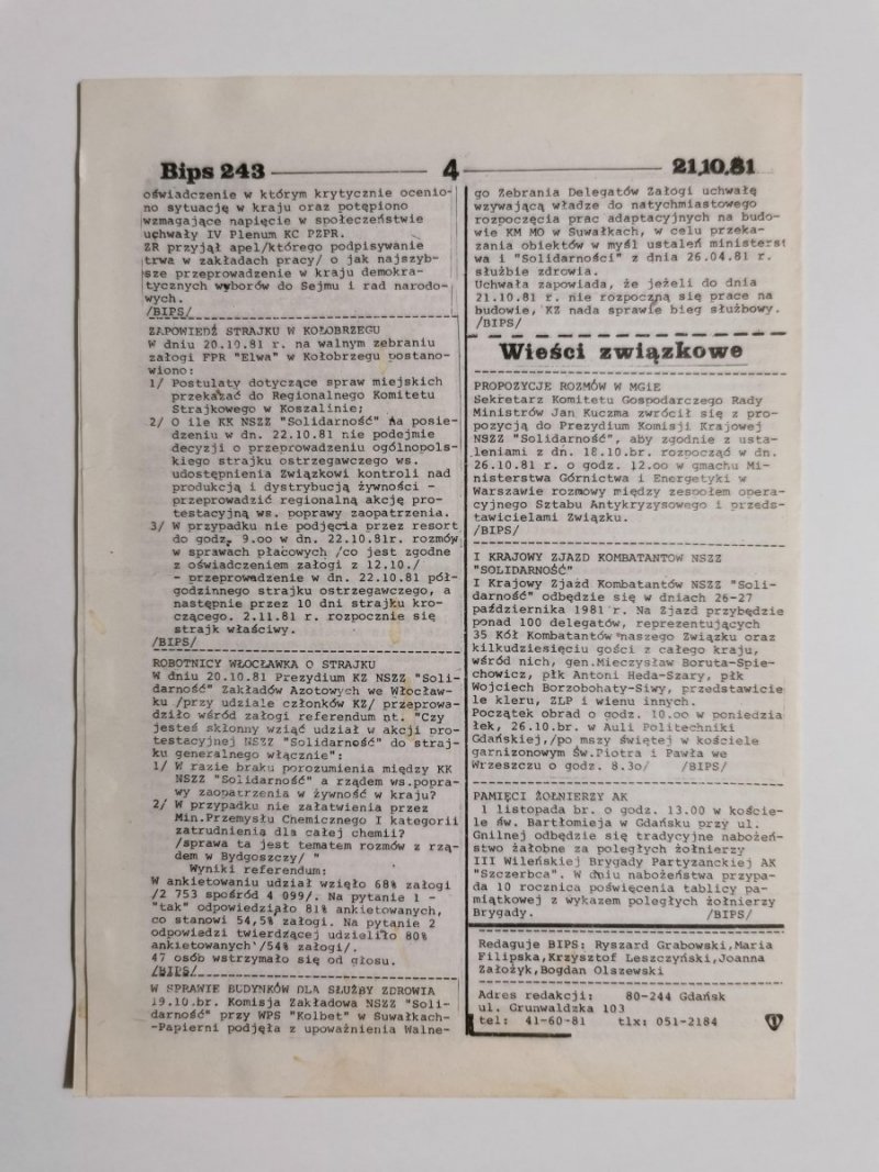 BIPS SERWIS INFORMACYJNY NR 243 GDAŃSK 21 10 81