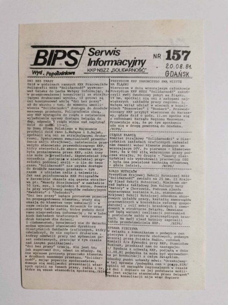 BIPS SERWIS INFORMACYJNY NR 157 20.08.81 GDAŃSK 