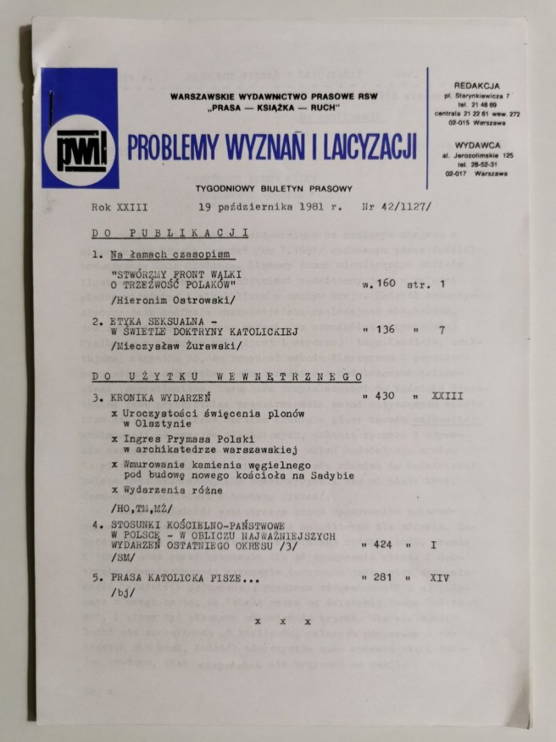 PROBLEMY WYZNAŃ I LAICYZACJI 19 PAŹDZIERNIKA 1981 r. Nr 42/1127