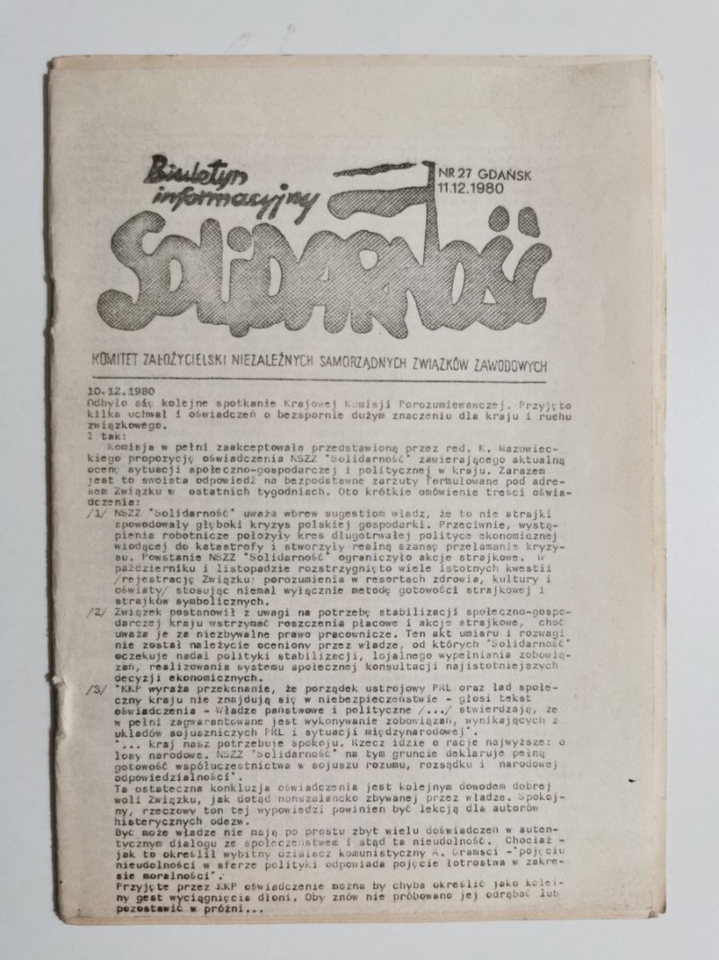 BIULETYN INFORMACYJNY SOLIDARNOŚĆ NR 27 GDAŃSK 11.12.1980 